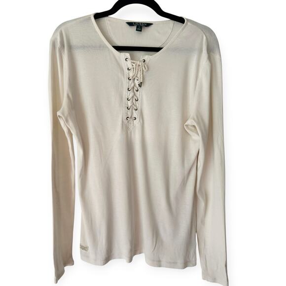 Lauren Ralph Lauren Tops - Ralph Lauren Ivory Lace Up Neck Long Sleeve Tshirt Medium